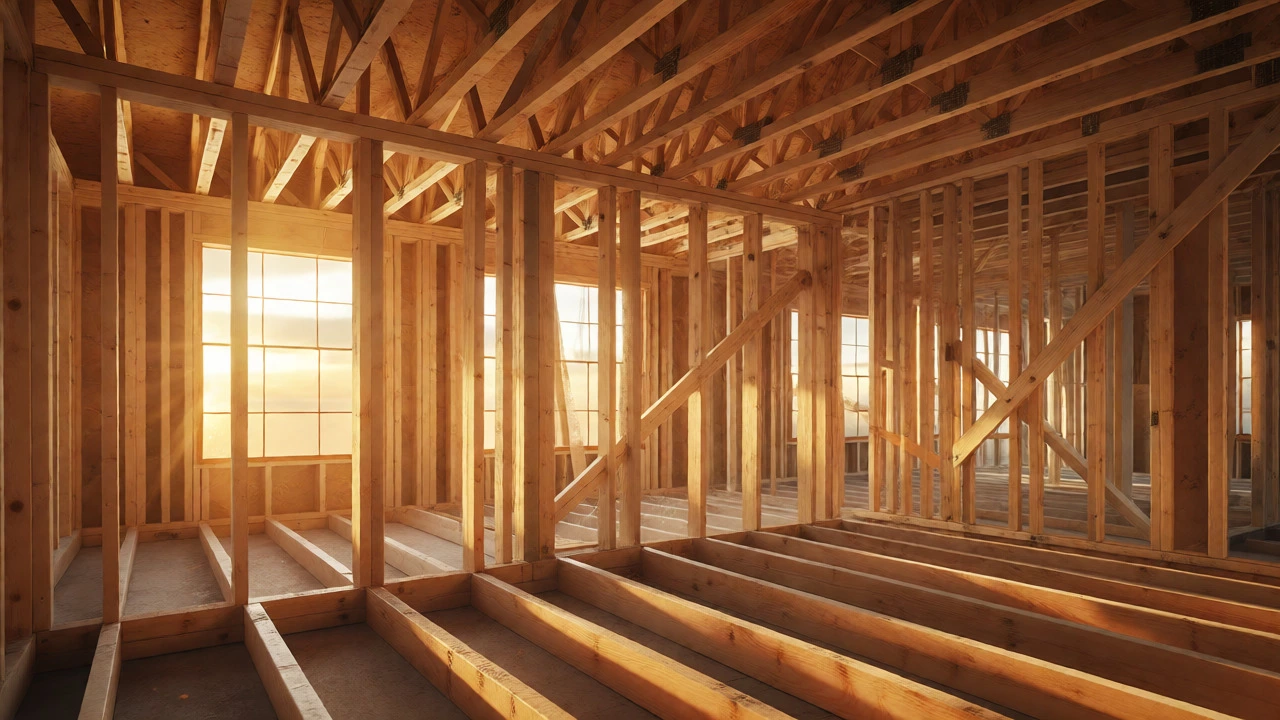 Exposed wood framing inside a house illuminated by warm sunlight.