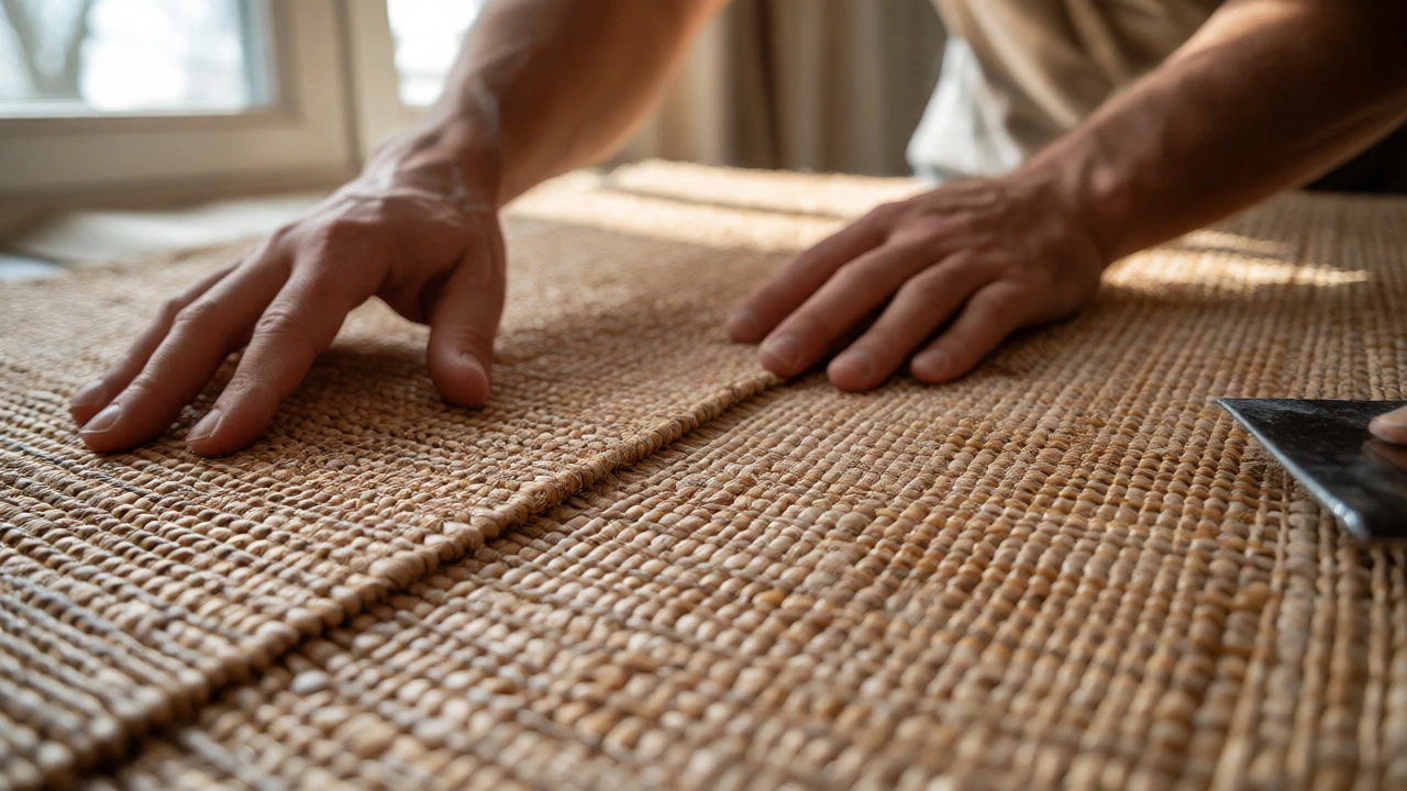 Hands touching natural jute grasscloth texture during installation