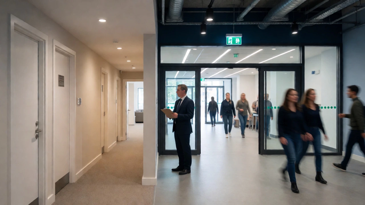 Inspector examining the boundary between residential and commercial zones in a mixed-use building.
