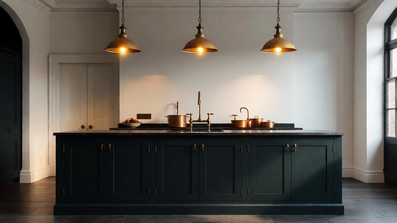 Midnight green kitchen island with brass accents under warm pendant lighting.