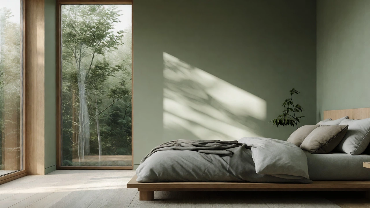 Minimalist bedroom with sage green walls and natural light connecting to outdoor greenery.