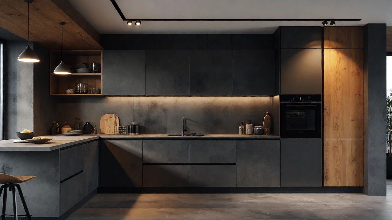 Modern charcoal grey kitchen with warm oak wood accents and pendant lighting
