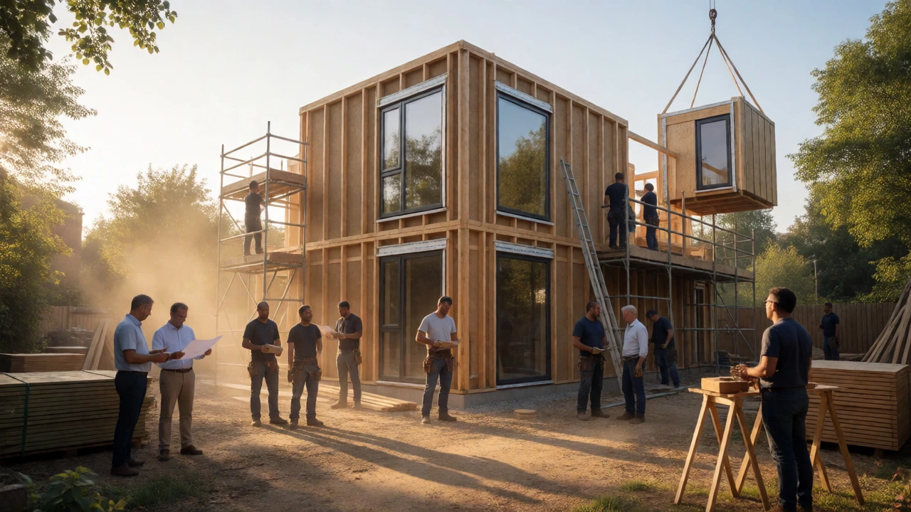 Modern self-build home under construction with workers and architect on site.