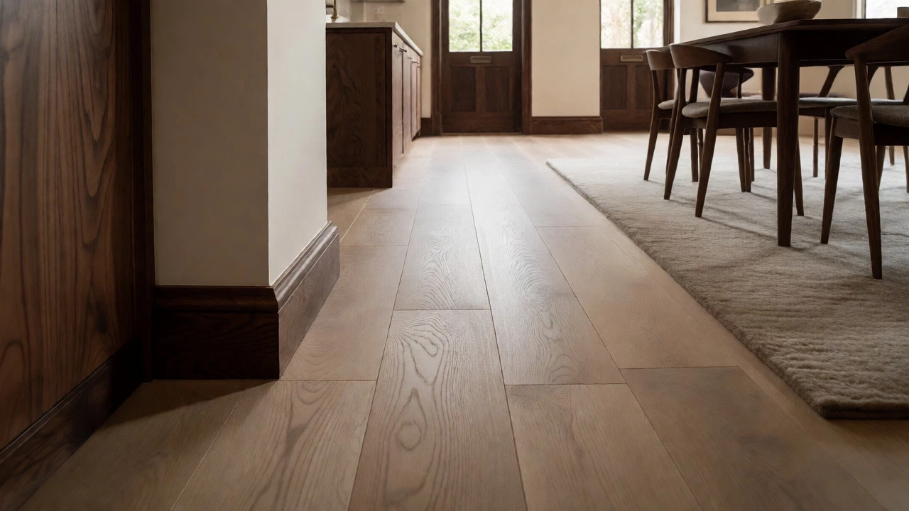 Open-plan home with continuous light oak floors and dark walnut skirting boards.