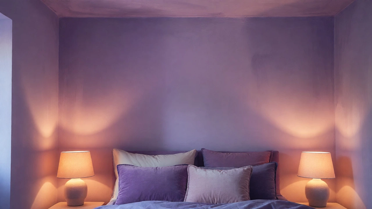 Soothing bedroom with dusty lavender walls and warm ambient lighting from bedside lamps.
