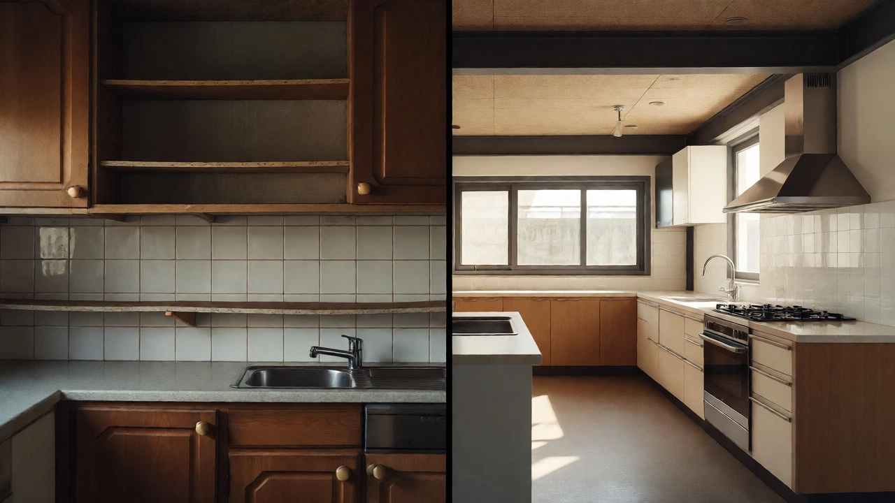 Split view contrasting a dated kitchen with a modern, high-value open-plan remodel.