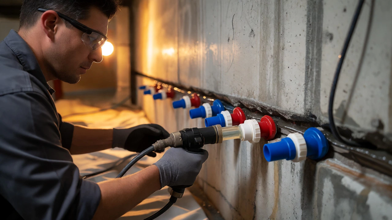 Technician injecting epoxy into a foundation crack using a low-pressure pump system.