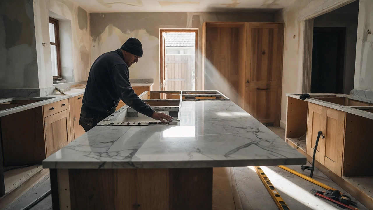 Tradesperson installing a heavy quartz countertop during a kitchen renovation project.