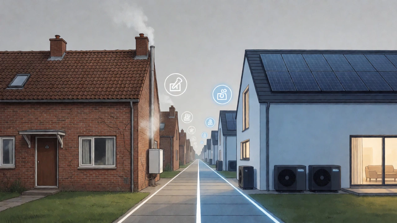 Visual comparison of an old inefficient house versus a modern energy-efficient home.
