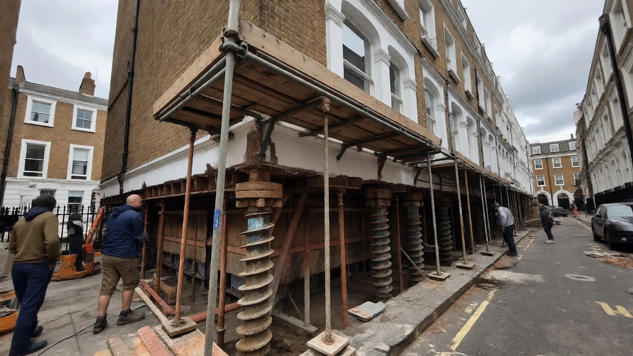 Workers installing helical piers for underpinning on a Victorian terrace house in London.