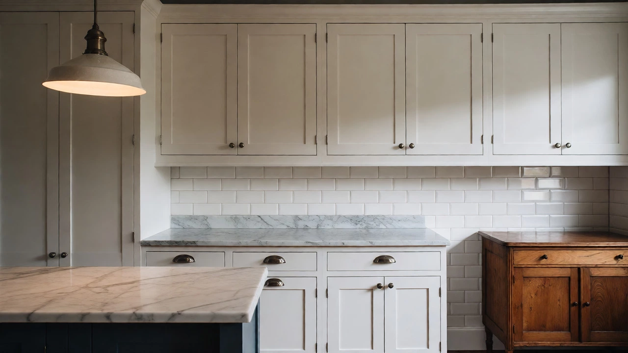Classic white Shaker kitchen featuring marble countertops, subway tiles, and warm pendant lighting.