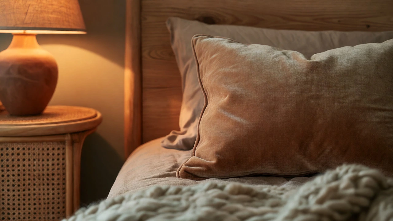 Close-up of textured velvet pillows and wooden furniture in a cozy earth-toned bedroom.