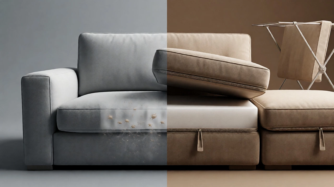 Comparison showing a fixed sofa versus a modular sofa with removable covers being cleaned.