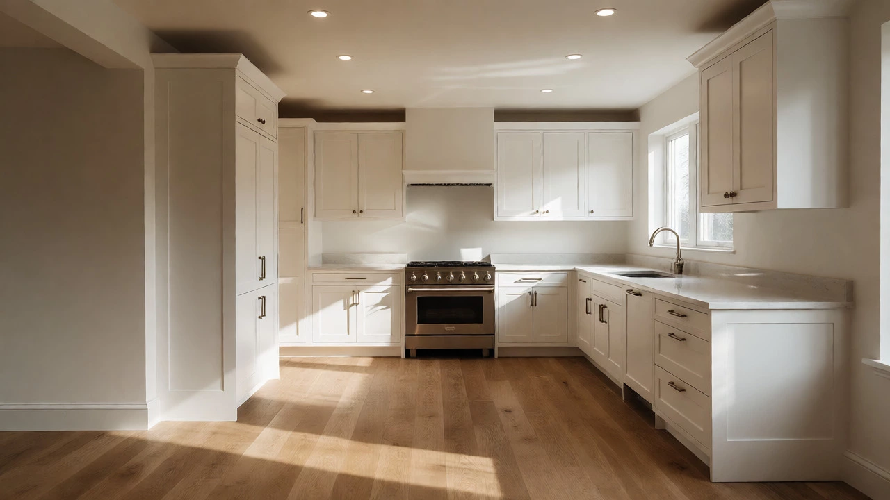 Completed modern kitchen with white cabinets, quartz counters, and hardwood floors.