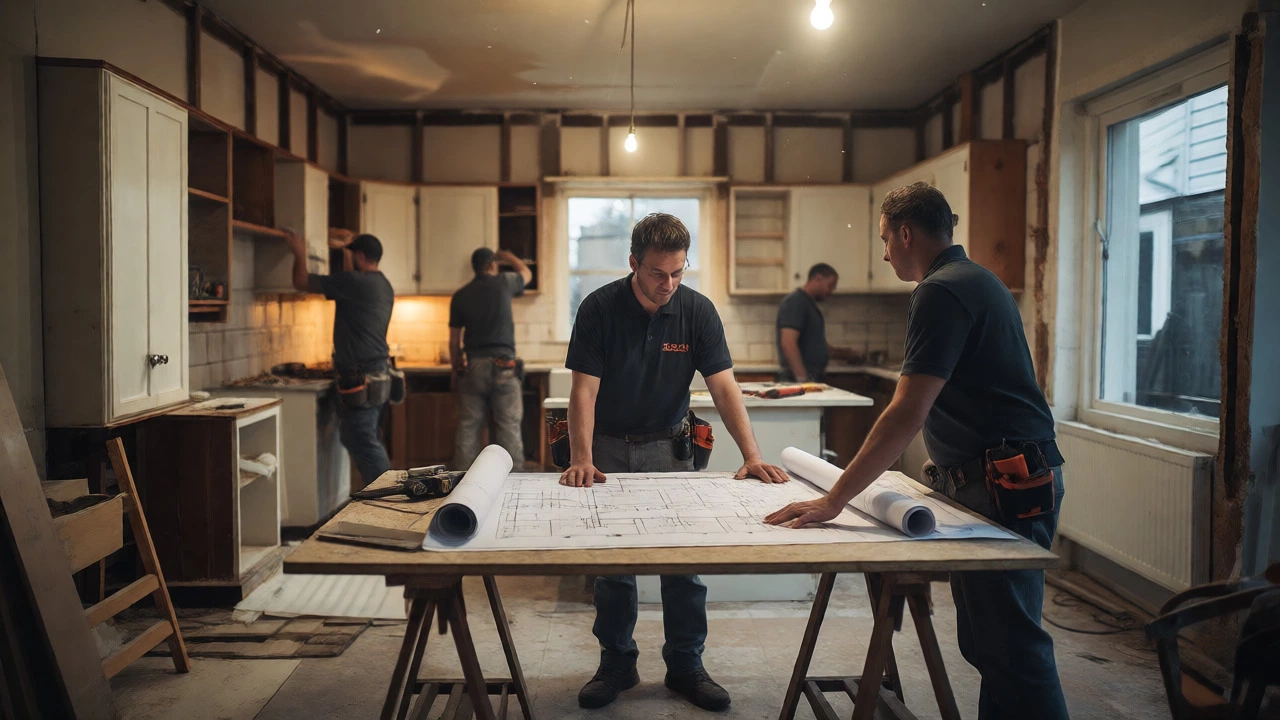 Contractors reviewing plans amidst kitchen demolition