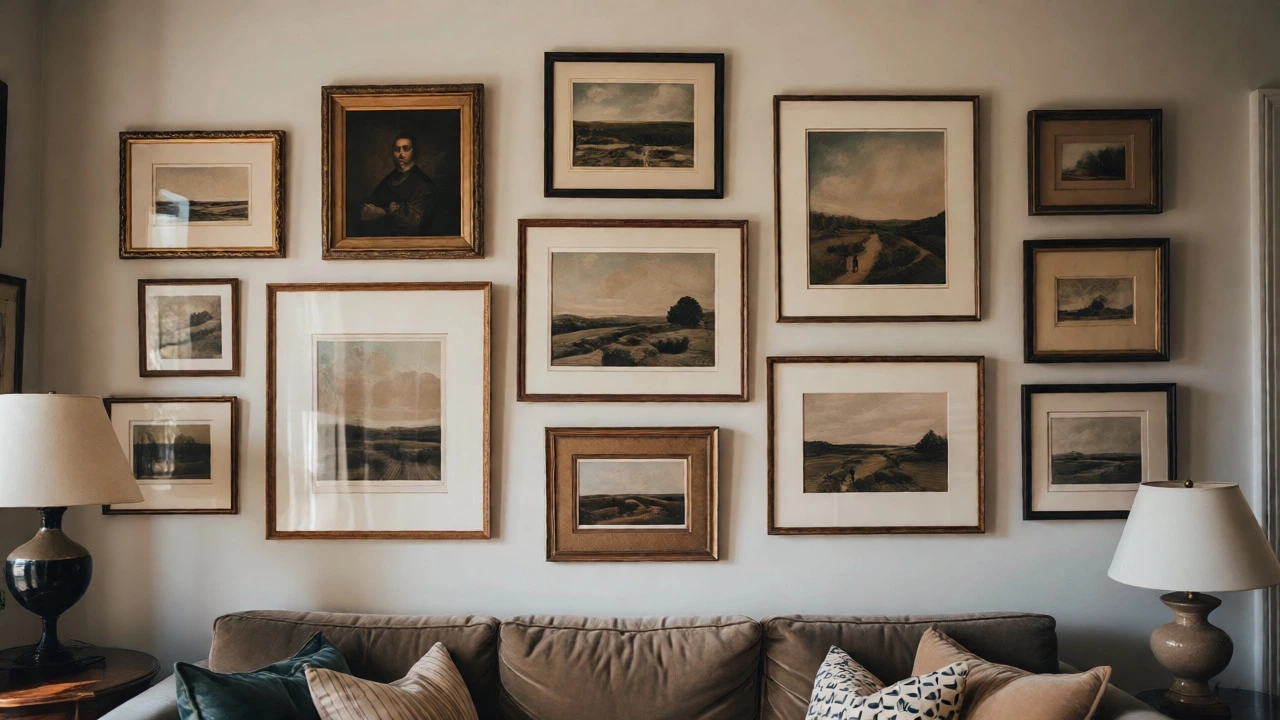 Curated gallery wall centered at eye level above a sofa