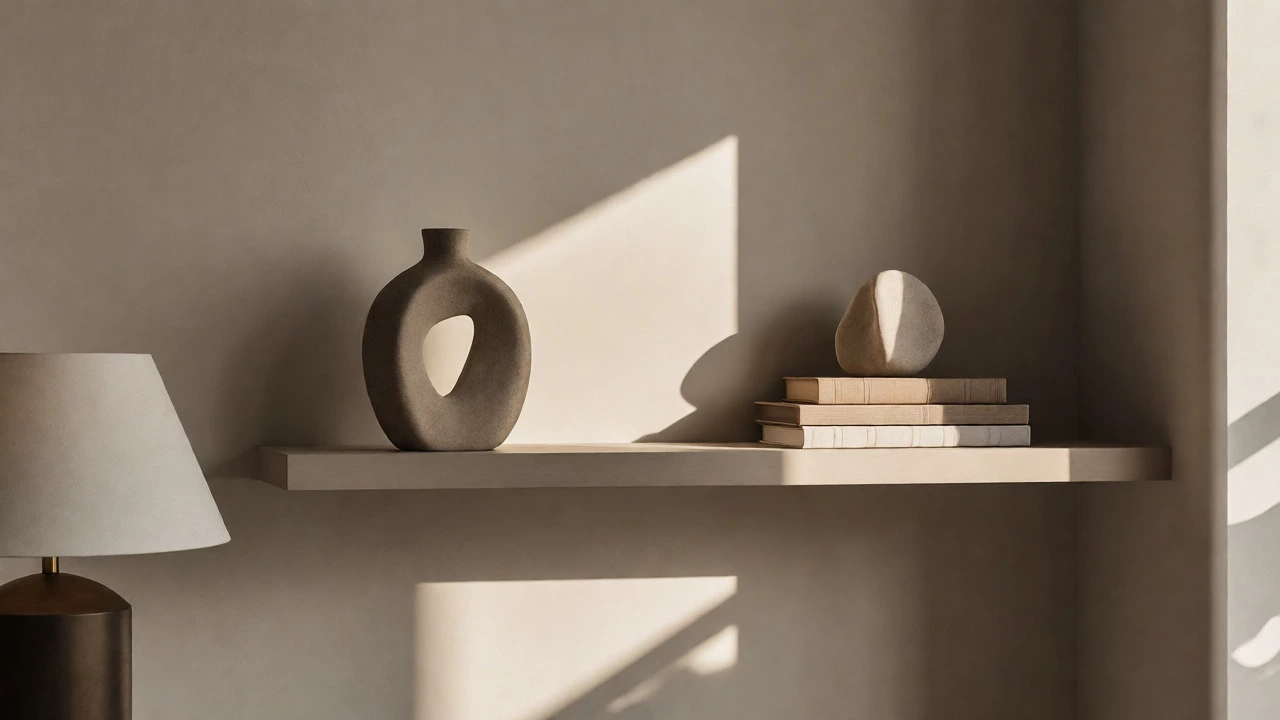 Curated shelf display with a vase, books, and sculpture against a warm greige wall, emphasizing negative space.