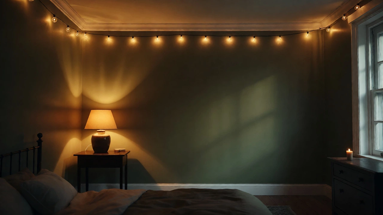 Dusk-lit bedroom with deep olive walls and warm layered lighting creating a sanctuary feel.