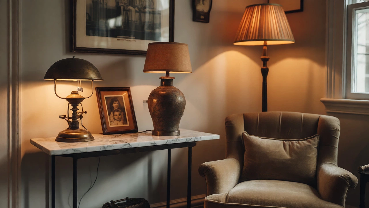 Eclectic corner mixing vintage items with modern decor and warm lighting