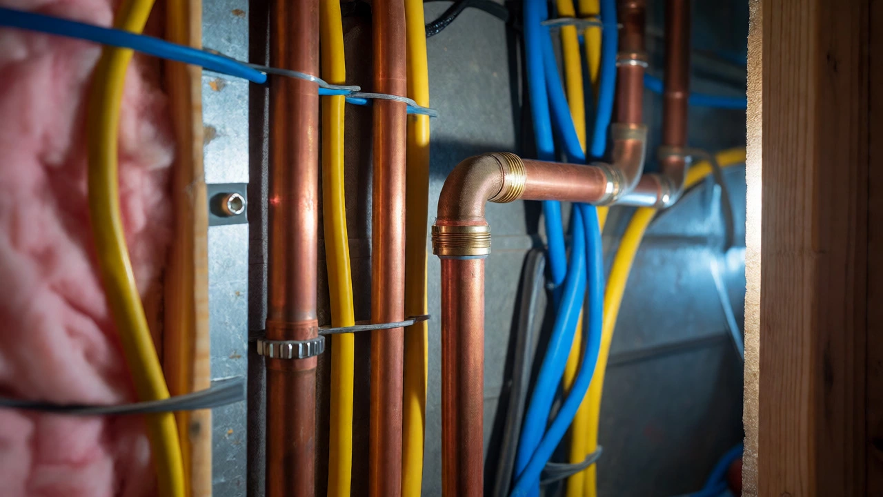 Exposed copper pipes and electrical wiring inside a wall cavity before drywall installation.