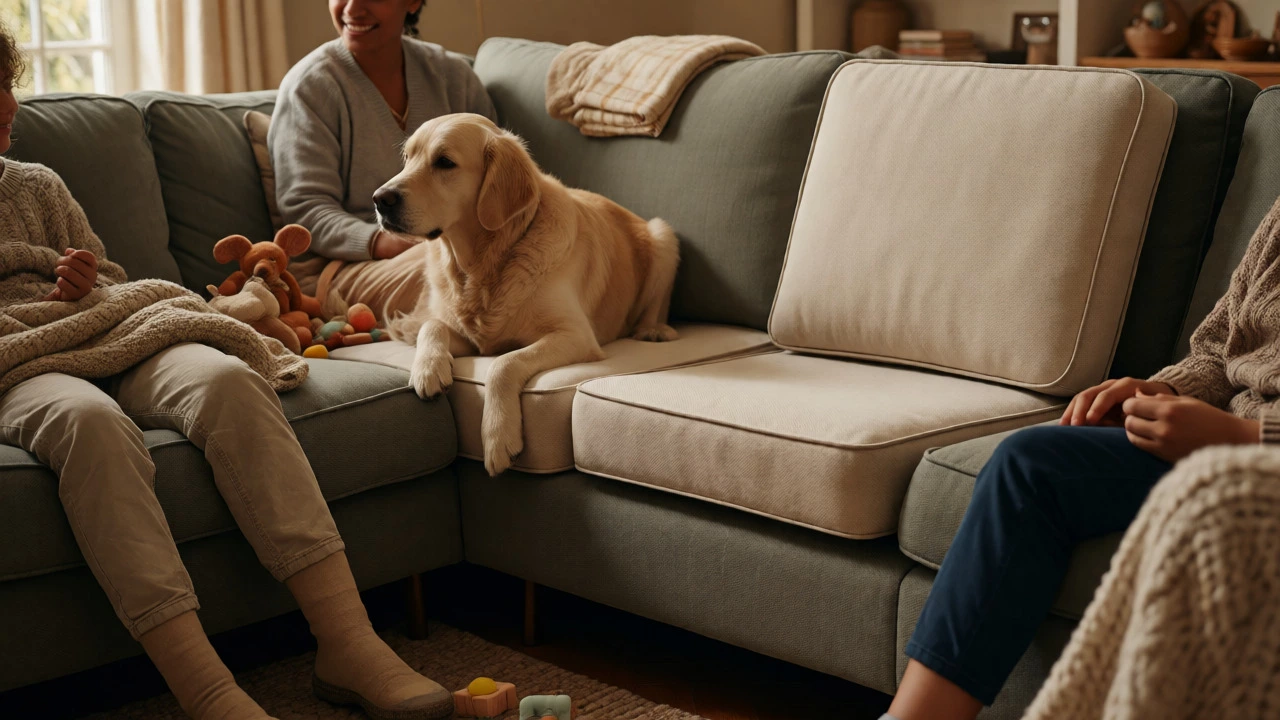 Family and dog relaxing on a sectional sofa with adjustable removable cushions.