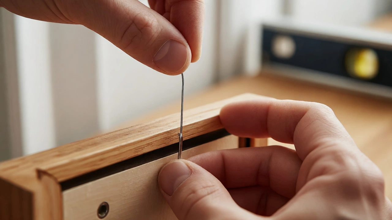 Hands measuring hanging wire on the back of a picture frame