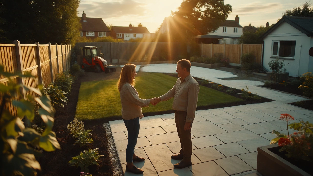 Handshake between client and landscaper in front of a newly completed garden project.