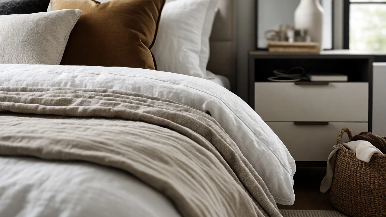 Layered bedding textures and hidden storage nightstand