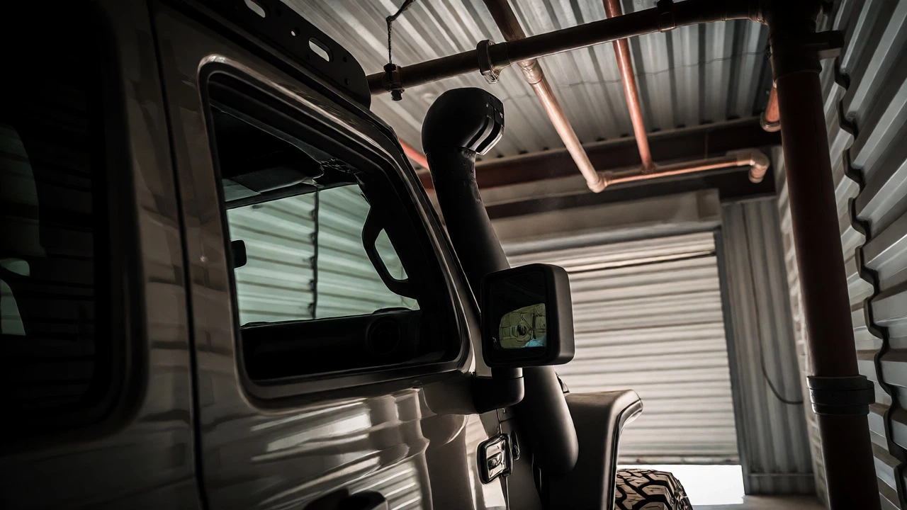 Lifted SUV checking height clearance under ceiling pipes
