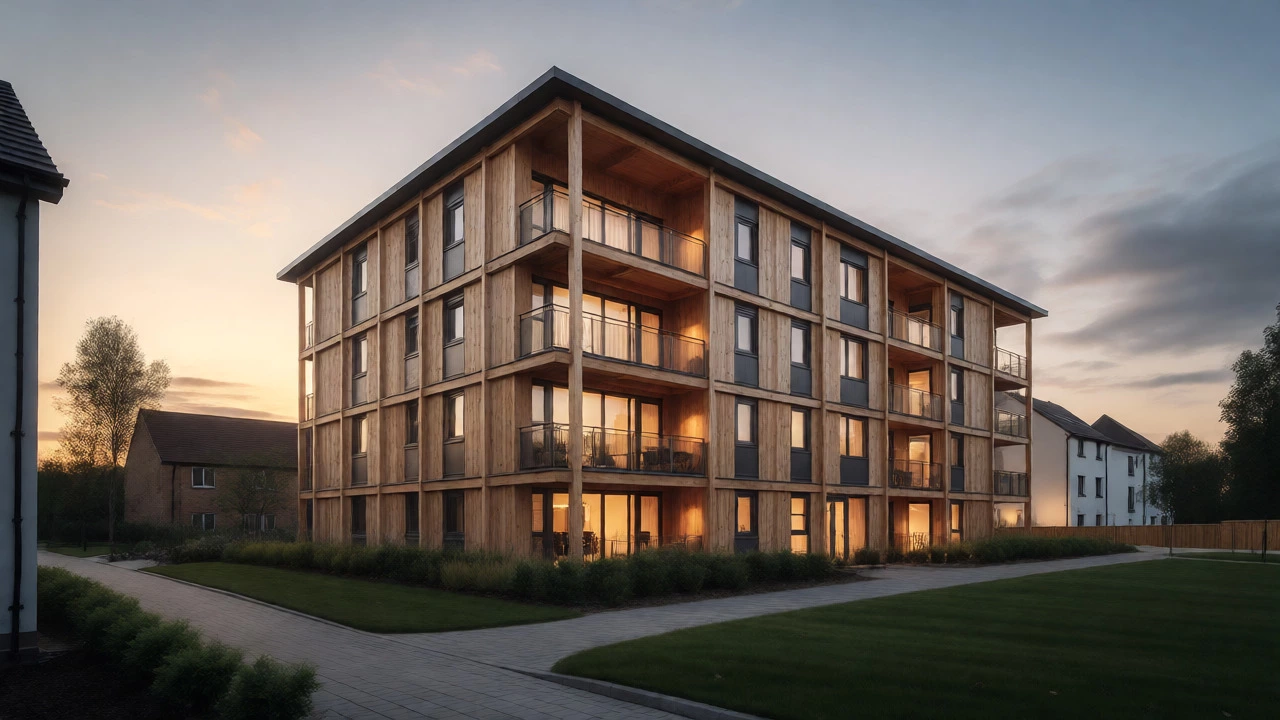 Modern four-story wood-framed apartment building exterior with Mass Timber accents at sunset.
