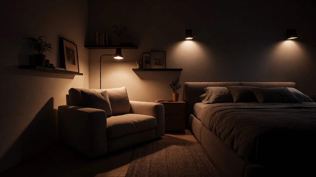 Reading corner with task lighting separated from sleeping zone