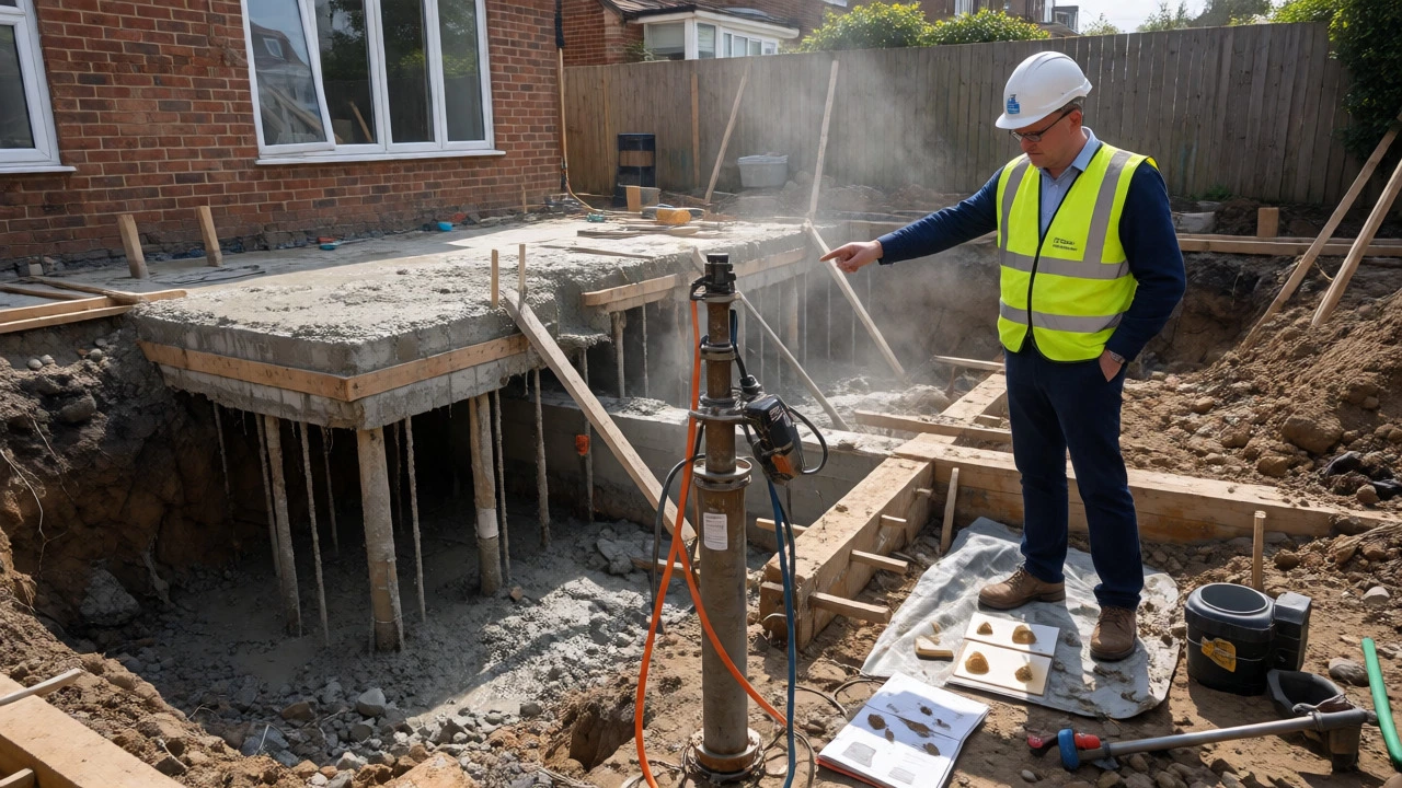 Structural engineer inspecting underpinning and micro-piling work at a residential site.