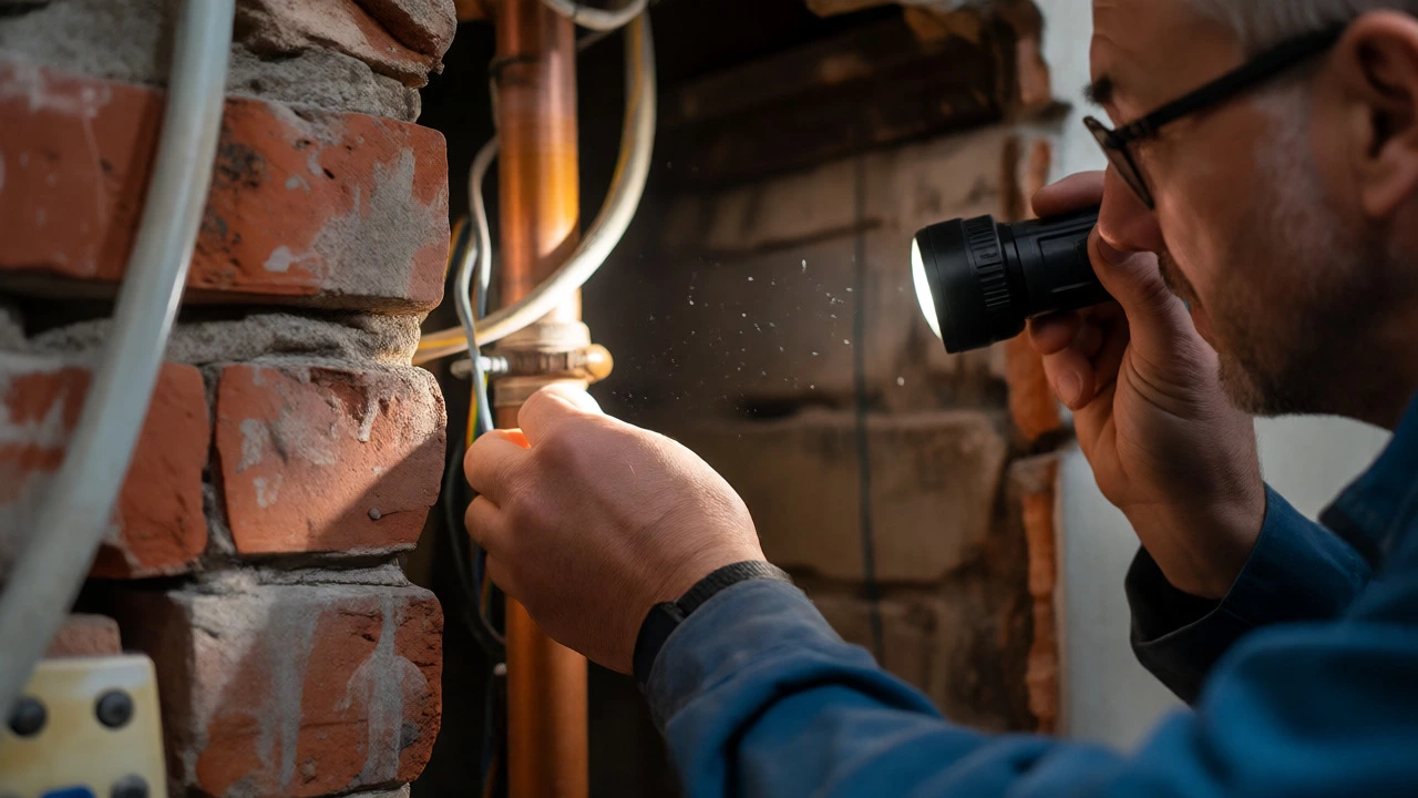 Surveyor inspecting hidden pipes and wires inside a wall
