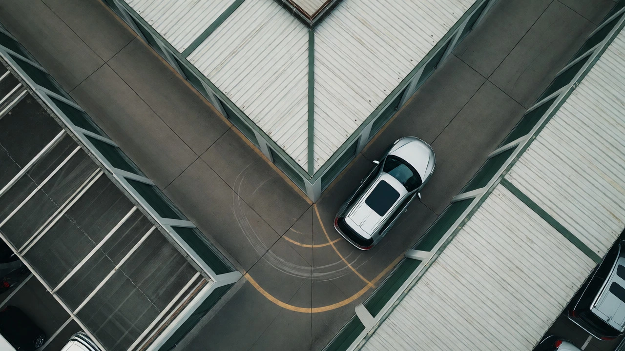 SUV maneuvering through narrow storage facility aisle