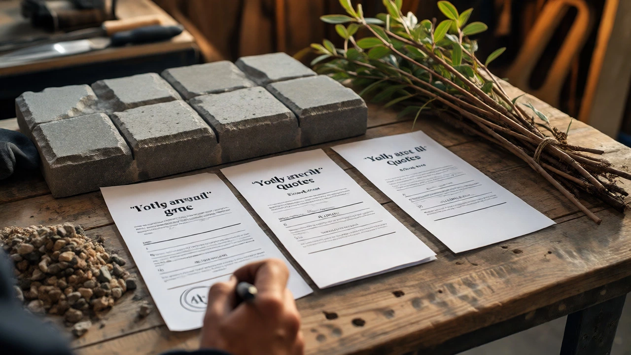 Three landscaping quotes compared on a workbench alongside stone and plant samples.