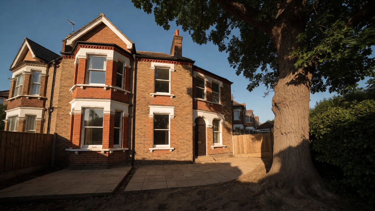 Victorian house with a large oak tree near the foundation under a clear dry sky.