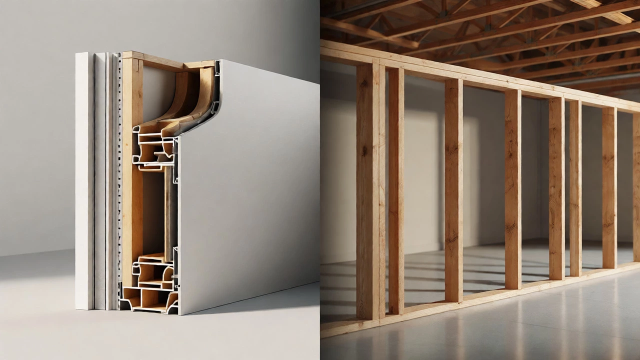 Visual comparison of protected gypsum-covered wood framing versus bare unprotected timber framing.