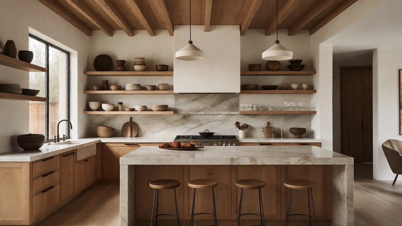 Warm minimalist kitchen with large island and open shelving